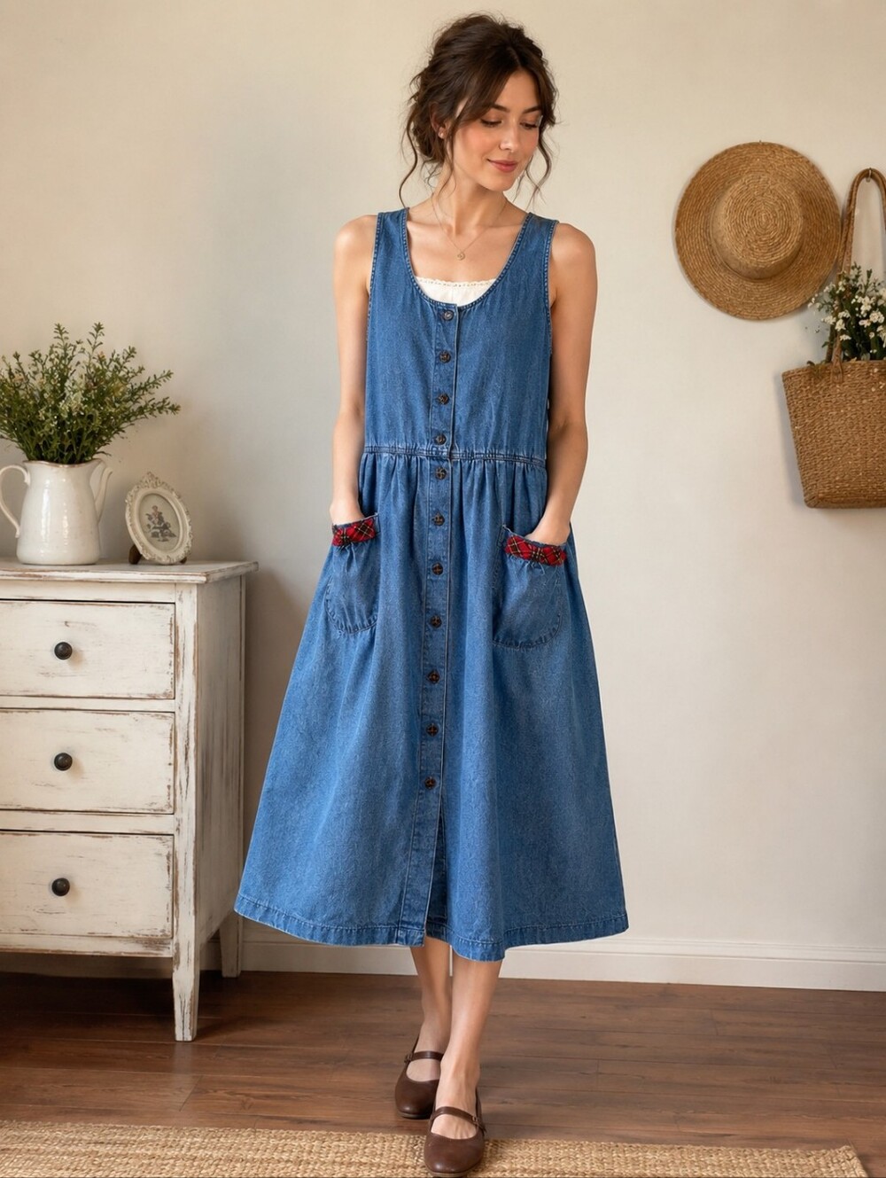 Vintage Sport T.Y. Truly Yours Denim Jumper Dress Size 10 Plaid Bow Pockets